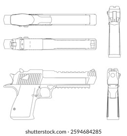 Gun is shown in different angles. The gun is a pistol and has a black grip