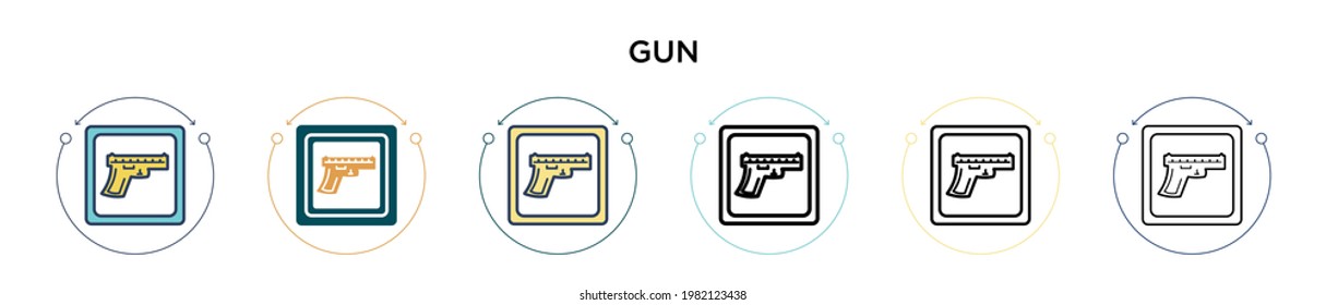 Gun sign icon in filled, thin line, outline and stroke style. Vector illustration of two colored and black gun sign vector icons designs can be used for mobile, ui, web