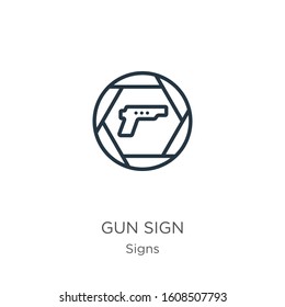 Gun sign icon. Thin linear gun sign outline icon isolated on white background from signs collection. Line vector sign, symbol for web and mobile