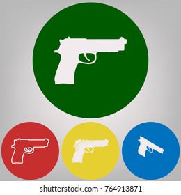 Gun sign illustration. Vector. 4 white styles of icon at 4 colored circles on light gray background.