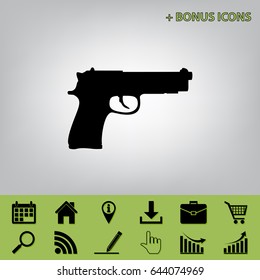Gun sign illustration. Vector. Black icon at gray background with bonus icons at celery ones