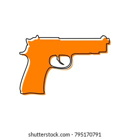 Gun sign illustration. Vector. Black line icon with shifted flat orange filled icon on white background. Isolated.