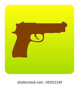Gun sign illustration. Vector. Brown icon at green-yellow gradient square with rounded corners on white background. Isolated.