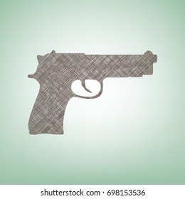 Gun sign illustration. Vector. Brown flax icon on green background with light spot at the center.