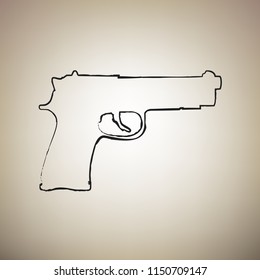 Gun sign illustration. Vector. Brush drawed black icon at light brown background.