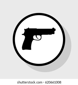 Gun sign illustration. Vector. Flat black icon in white circle with shadow at gray background.