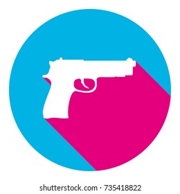 Gun sign illustration. Vector. Flat white icon with mexican pink shadow inside sky blue(S and G) circle at white background. Isolated. Trend colors in 2017.