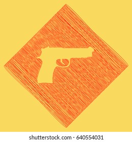 Gun sign illustration. Vector. Red scribble icon obtained as a result of subtraction rhomb and path. Royal yellow background.