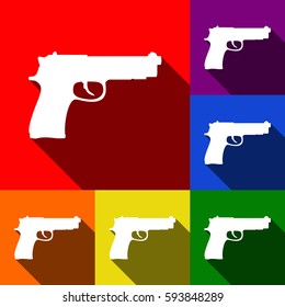 Gun sign illustration. Vector. Set of icons with flat shadows at red, orange, yellow, green, blue and violet background.