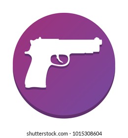 Gun sign illustration. Vector. White icon with flat shadow on purpureus circle at white background. Isolated.