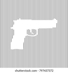 Gun sign illustration. Vector. White icon on grayish striped background. Optical illusion.