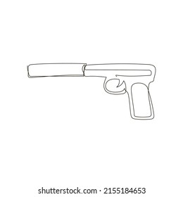 Gun with silencer continuous line drawing. One line art of weapon, gas pistol, firearms, weapons for police and self-defense, toy.