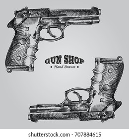 Gun sketch style vector illustration. Vintage vector gun. Hand-drawn pistol sketch.