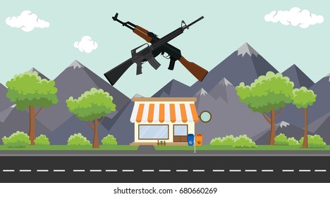 gun store on sidewalk with tree and mountain as background