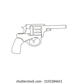 Gun system nagan continuous line drawing. One line art of weapon, pistol, firearms, weapons for police and self-defense, toy.