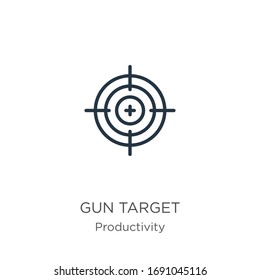 Nimm ein Icon deiner Wahl. Dünne lineare Pistole-Zielskulptur-Symbol einzeln auf weißem Hintergrund aus der Produktivitätskollektion. Vektorillustration der Linie, Symbol für Web und Mobilfunk