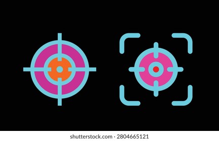Gun target icons vector on black background. 3D Bullseye target silhouette icon set with crosshairs and accuracy symbols