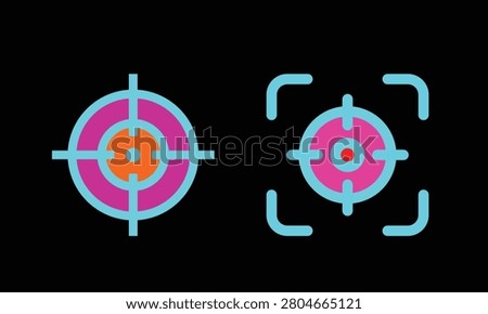 Gun target icons vector on black background. 3D Bullseye target silhouette icon set with crosshairs and accuracy symbols