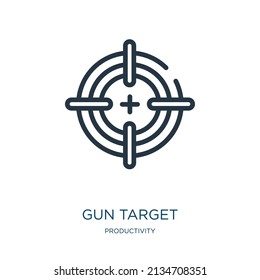 icono de la línea delgada del objetivo de la pistola. arma, iconos lineales de círculo del concepto de productividad, signo de contorno aislado. Elemento de símbolo de ilustración vectorial para diseño web y aplicaciones.