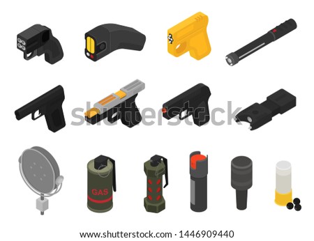 Gun vector military nonlethal weapon grenade-gun army handgun and war automatic firearm with bullet illustration set of stun gas shotgun or grenade launcher isolated on white background