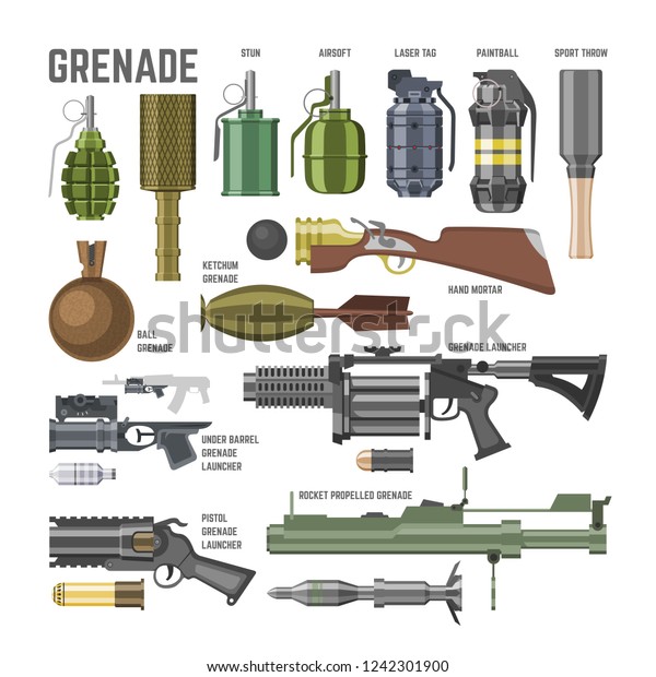 Gun vector\
military weapon grenade-gun army handgun and war automatic firearm\
or rifle with bullet illustration set of stun shotgun or grenade\
launcher isolated on white\
background