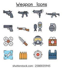 Gun and Weapon icon set in color line style