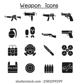 Gun and Weapon icon set in glyph style