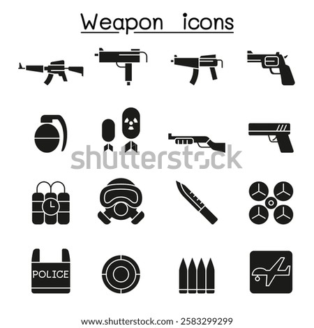 Gun and Weapon icon set in glyph style