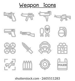 Gun and Weapon icon set in thin line style