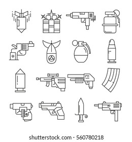 gun and weapon icons thin line design on white background