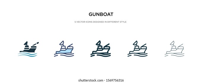 gunboat icon in different style vector illustration. two colored and black gunboat vector icons designed in filled, outline, line and stroke style can be used for web, mobile, ui