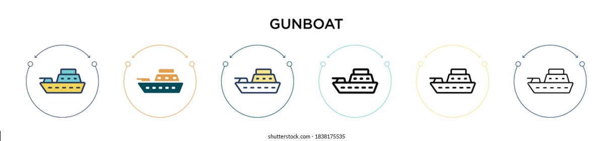 Gunboat icon in filled, thin line, outline and stroke style. Vector illustration of two colored and black gunboat vector icons designs can be used for mobile, ui, web