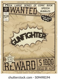 Gunfighter. Retro poster in style of times the Wild West. Comic speech bubble with speed lines and 3D explosion.