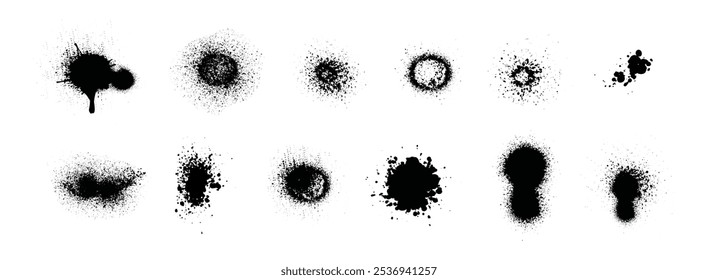 Gunge puntos y círculos con efecto granulado y polvo. Vector abstracto dotwork. Gotas y manchas, manchas sucias y desordenadas dejadas por el aerosol. Dibujos sucios rociados, tinta de graffiti o arte callejero