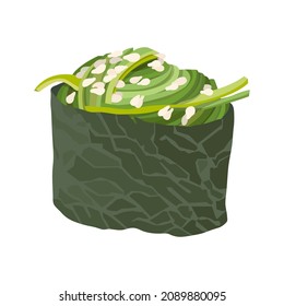 Gunkan maki with seaweed and sesame seeds. Hand drawn sushi roll vector illustration.