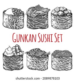 Gunkan maki set. Hand drawn sushi rolls with caviar, tuna, shrimps, seaweed, crab and tobiko. Food vector illustration. 