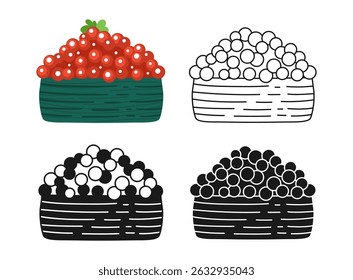 Gunkan maki Sushi with caviar symbol cartoon set. Traditional Asian Japanese food linear doodle icon. Sushi seafood vector illustration. Stylized doodle design sign for menu, cafe, bar, restaurant