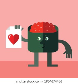 Gunkan maki sushi  with heart icon. Cartoon character with face. Flat style vector illustration on salmon background.