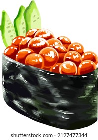 Gunkan Maki Sushi with Ikura and cucumber vector illustration. Battleship Sushi. Japanese Food.