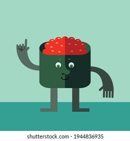 Gunkan maki sushi  making attention gesture with forefinger. Cartoon character with face. Flat style vector illustration on blue background.