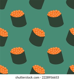 Gunkan Maki Sushi with red caviar. Japanese traditional cuisine. Fresh seafood. Hand clipart, cartoon. Seamless colorful pattern.