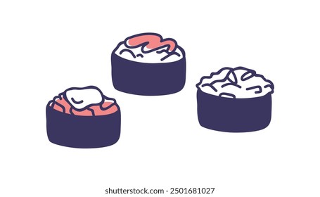 Gunkan maki, sushi rolls wrapped with nori, topped with salmon fish, squid and sauce. Japanese Asian sea food. Gunkanmaki, Japan cuisine. Flat vector illustration isolated on white background