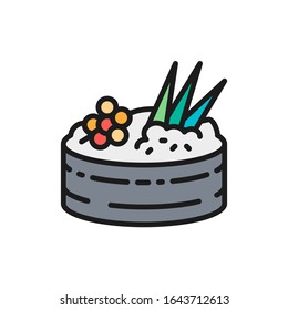 Gunkan with salmon caviar, japanese cuisine flat color line icon.