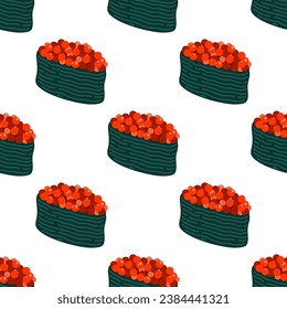 Gunkan seamless vector pattern. Traditional Japanese snack with red caviar, rice wrapped in nori seaweed. Tasty Asian seafood. Fish roll, sushi. Flat bright background for posters, print, delivery