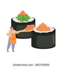 Gunkan sushi and character holding spoon with red caviar flat icon vector illustration
