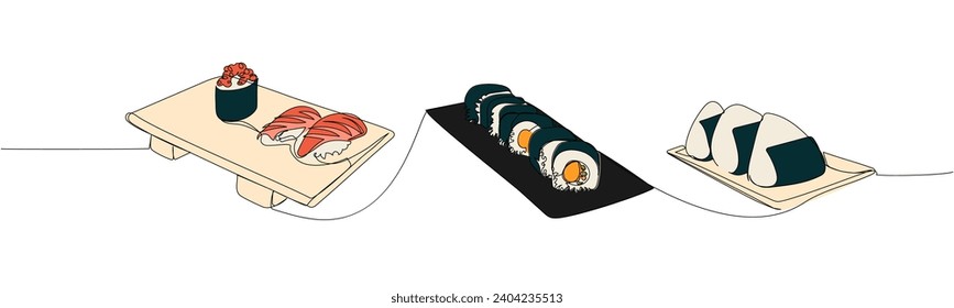 Gunkan Sushi, onigiri, maki on Sushi geta, sushi slate plate, nigiri one line art. Continuous line drawing of sushi, japanese, food, roll, culture, tasty, restaurant, japan, asian, sea, menu