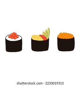 Gunkan sushi set with red caviar in cartoon flat style. Hand drawn Japanese traditional cuisine