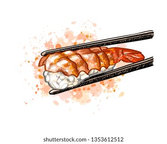 Gunkan sushi with shrimp from a splash of watercolor, hand drawn sketch. Vector illustration of paints