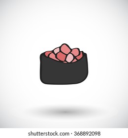 Gunkanmaki sketch. Hand-drawn cartoon japanese food icon - sushi with fish. Doodle drawing. Vector illustration. 