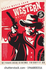 Gunman Shooting With Gun, Retro Poster Concept For Western Movies Festival. Vintage Cowboy Illustration. Wild West Vector Poster.